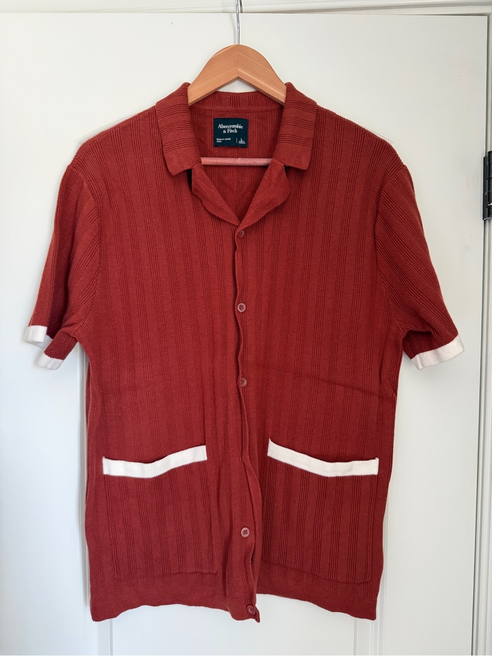 Abercrombie & Fitch Rust Short-Sleeve Button Cardigan with White Trim